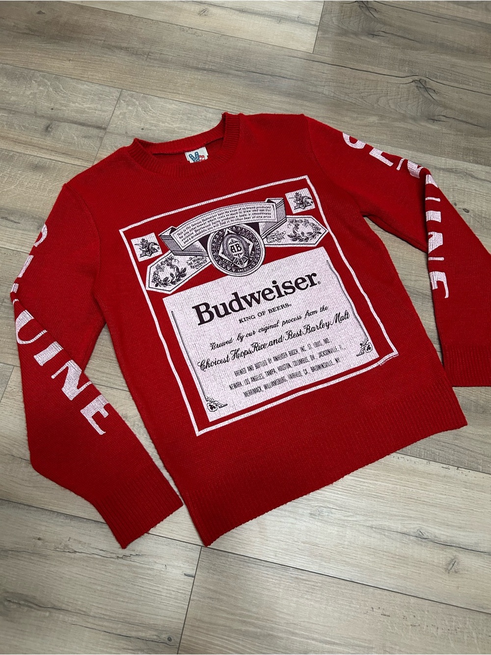 Budweiser Red Crewneck Knit Sweater with White Logo Panel